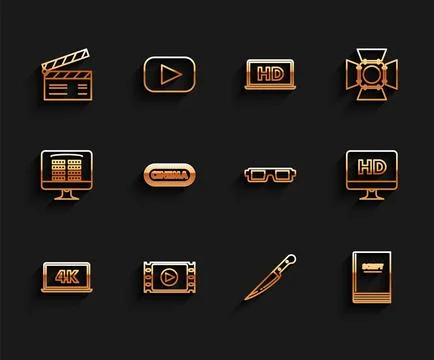 Set line Laptop screen with 4k video technology, Play Video, Movie clapper,.. Stock Illustration