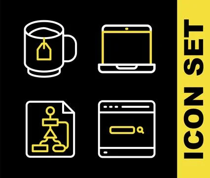 Set line Laptop, Search engine, Flowchart and Cup of tea with tea bag icon Stock Illustration