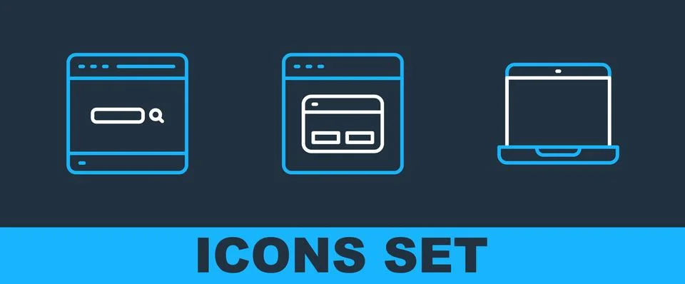 Set line Laptop, Search engine and  icon. Vector Stock Illustration