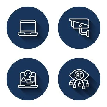 Set line Laptop, Security camera, Internet piracy and Computer vision with long Stock Illustration