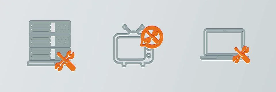 Set line Laptop service, Database server and Tv icon. Vector Stock Illustration