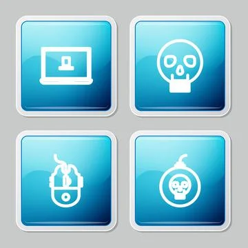 Set line Laptop, Skull, Computer mouse gaming and Bomb ready explode icon Stock Illustration