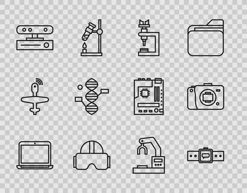 Set line Laptop, Smartwatch, Microscope, Virtual reality glasses, Motion sensor Illustrazione stock