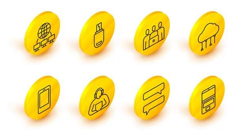 Set line Laptop, Speech bubble chat, Student, Mobile phone, Network cloud Stock Illustration