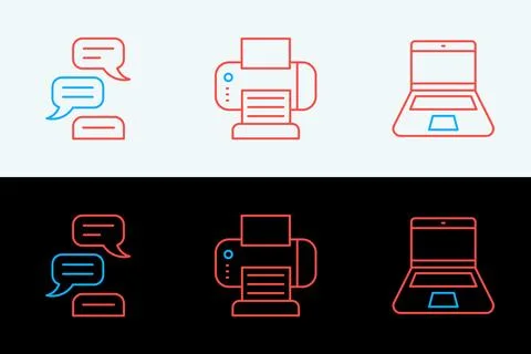 Set line Laptop, Speech bubble chat and Printer icon. Vector Stock Illustration