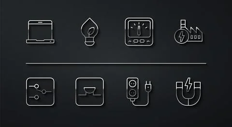 Set line Laptop, Switch in electronic circuit, Nuclear power plant, Electric Illustrazione stock