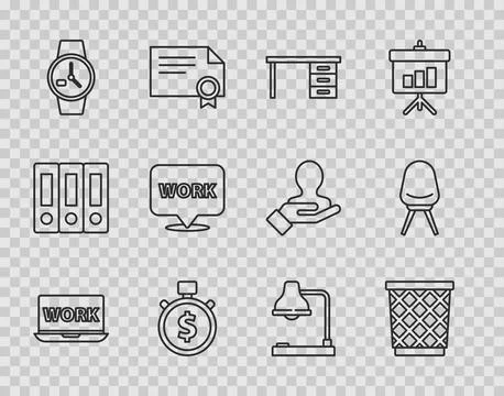 Set line Laptop with text work, Trash can, Office desk, Time is money, Wrist Stock-Illustration