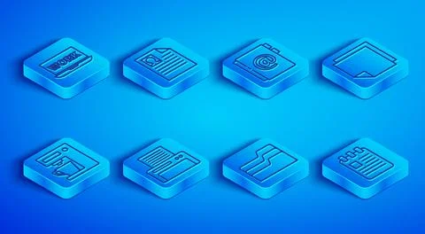 Set line Laptop with text work, Resume, Address book, Printer, Document fol.. Stock Illustration