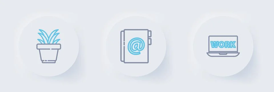 Set line Laptop with text work, Address book and Plant in pot icon. Vector Stock Illustration