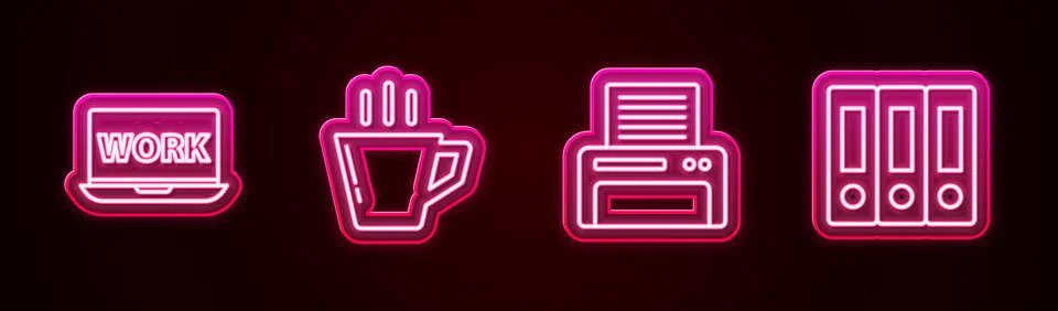 Set line Laptop with text work, Coffee cup, Printer and Office folders. Glo.. Stock Illustration