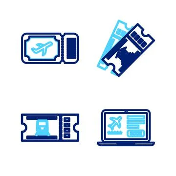 Set line Laptop with ticket, Train, Museum and Airline icon. Vector Illustrazione stock