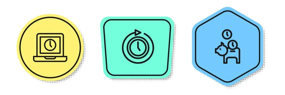Set line Laptop time, Clock with arrow and Piggy bank coin. Colored shapes Stock Illustration