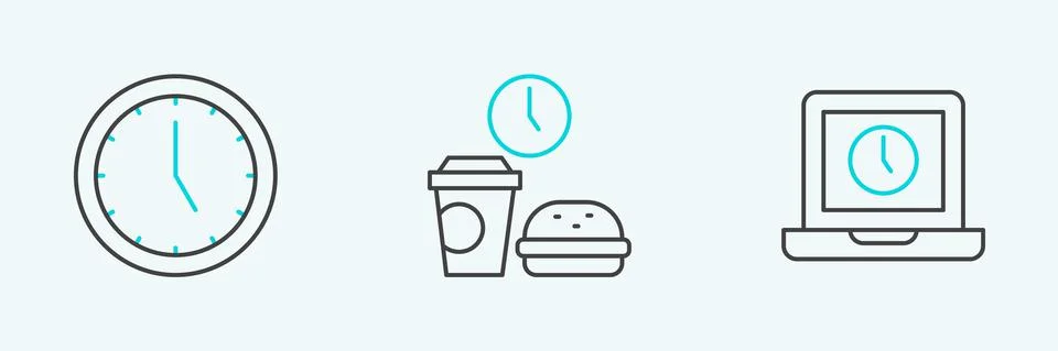 Set line Laptop time, Clock and Fast food icon. Vector Stock Illustration