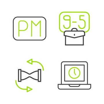 Set line Laptop time, Old hourglass with sand, From 9 and Day icon. Vector Stock Illustration