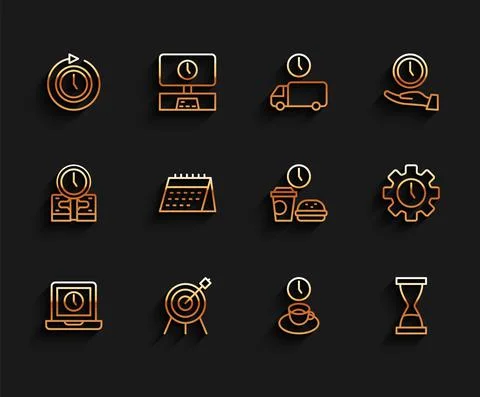 Set line Laptop time, Target sport, Clock with arrow, Coffee, Old hourglass sand Ilustración de archivo