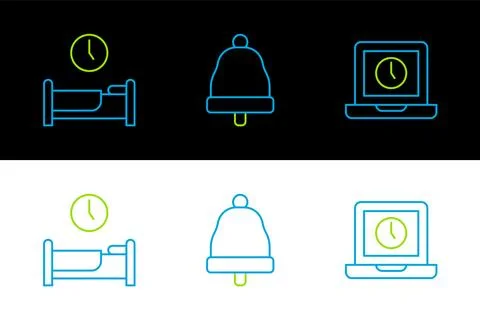 Set line Laptop time, Time sleep and Ringing bell icon. Vector Stock Illustration