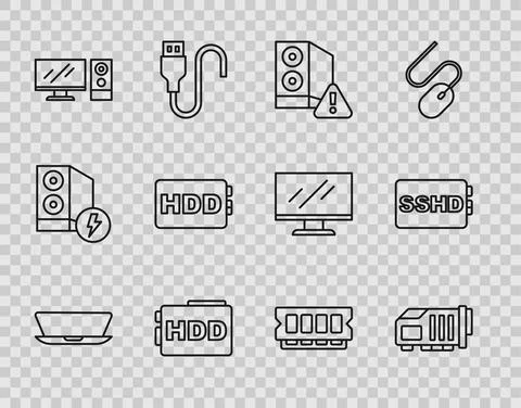 Set line Laptop, Video graphic card, Case of computer, Hard disk drive HDD Stock Illustration
