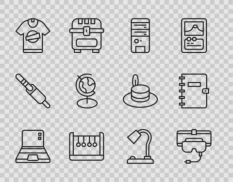 Set line Laptop, Virtual reality glasses, Computer, Pendulum, T-shirt, Earth Illustrazione stock