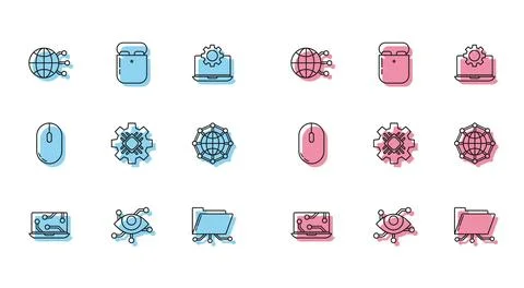 Set line Laptop, Virtual reality, Global technology or social network, Fold.. Stock Illustration
