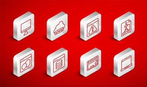 Set line Laptop, Web development, Browser with exclamation mark, Flowchart Stock Illustration