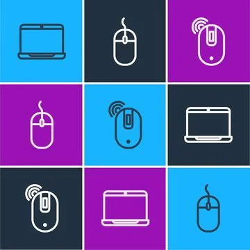 Set line Laptop, Wireless computer mouse and Computer icon. Vector Illustrazione stock