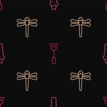 Set line Larva insect, Dragonfly and Fly swatter on seamless pattern. Vector Illustrazione stock