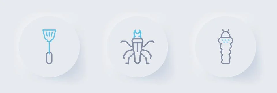 Set line Larva insect, Termite and Fly swatter icon. Vector Stock Illustration