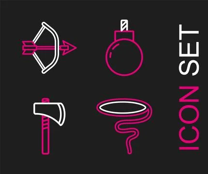 Set line Lasso, Tomahawk axe, Bomb ready to explode and Bow and arrow in qu.. Stock Illustration