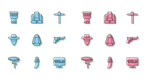 Set line Lasso, Tooth, Drum, Pointer to wild west, Camping lantern, Revolver gun Illustrazione stock
