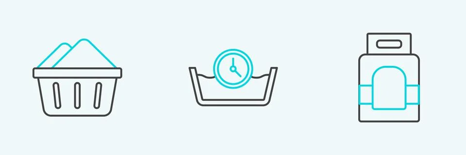 Set line Laundry detergent, Basin with soap suds and Time wash icon. Vector Illustrazione stock
