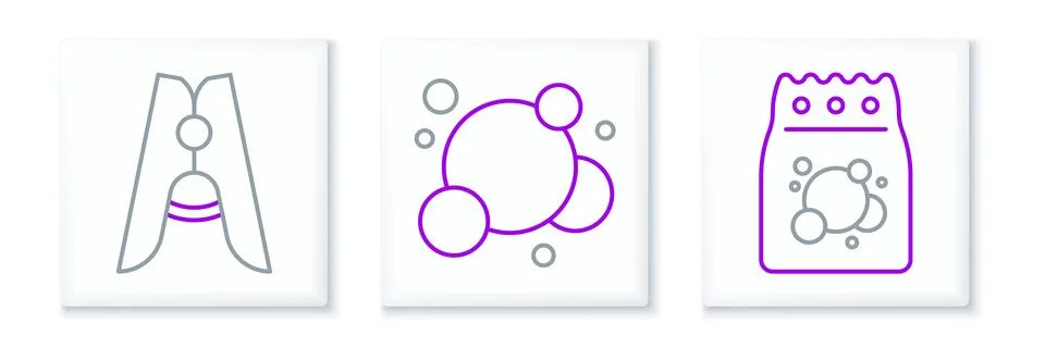Set line Laundry detergent, Clothes pin and Soap water bubbles icon. Vector Stock Illustration