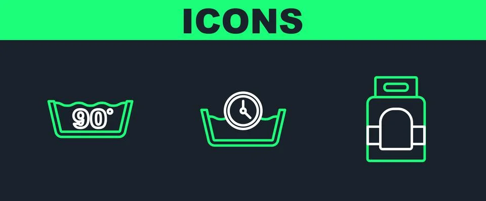Set line Laundry detergent, Temperature wash and Time icon. Vector Illustrazione stock