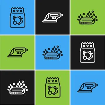 Set line Laundry detergent, Towel stack and Electric iron icon. Vector 库存插图