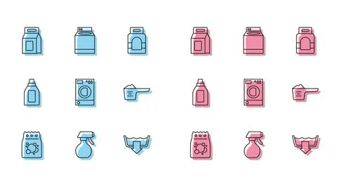 Set line Laundry detergent, Water spray bottle, Washing modes, Washer, powder Stock Illustration