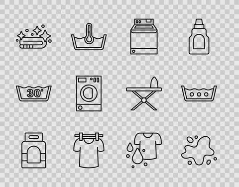 Set line Laundry detergent, Water spill, Washer, Drying clothes, Towel stack Stockillustratie
