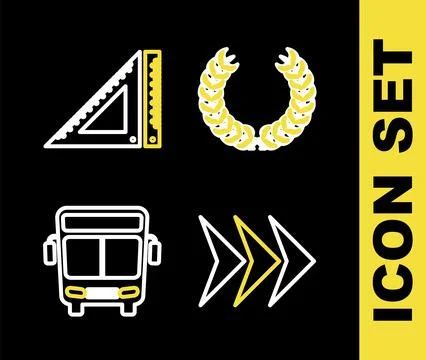 Set line Laurel wreath, Arrow, Bus and Triangular ruler icon. Vector Illustrazione stock