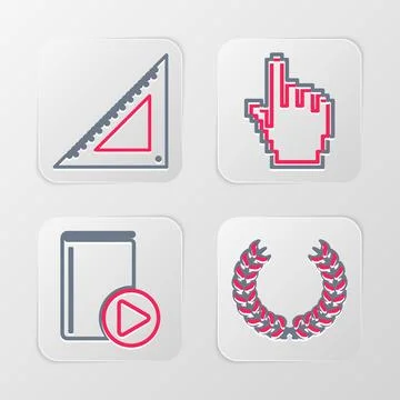 Set line Laurel wreath, Audio book, Pixel hand cursor and Triangular ruler .. Stock Illustration