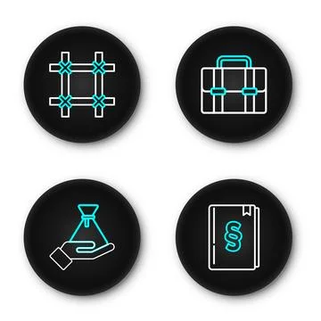 Set line Law book, Bribe money bag, Briefcase and Prison window icon. Vector Stock Illustration
