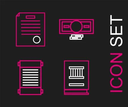 Set line Law book, Decree, paper, parchment, scroll, Stacks money cash and .. Ilustración de archivo
