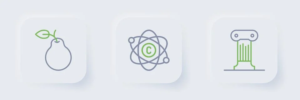 Set line Law pillar, Atom and Pear icon. Vector Stock Illustration