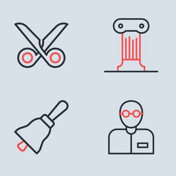 Set line Law pillar, Ringing bell, Teacher and Scissors icon. Vector Stock Illustration