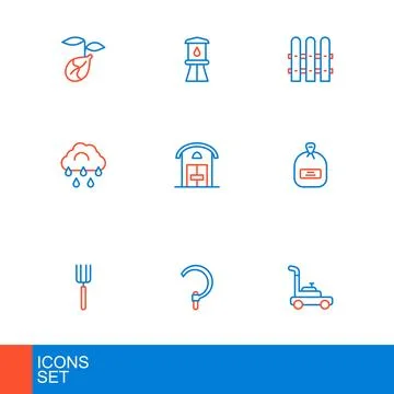 Set line Lawn mower, Sickle, Garden pitchfork, Pack full of seeds, Cloud wi.. Stock Illustration
