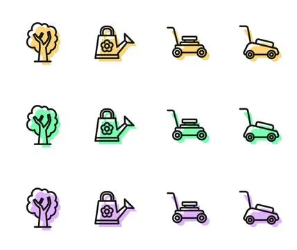 Set line Lawn mower, Tree, Watering can and  icon. Vector Stock Illustration