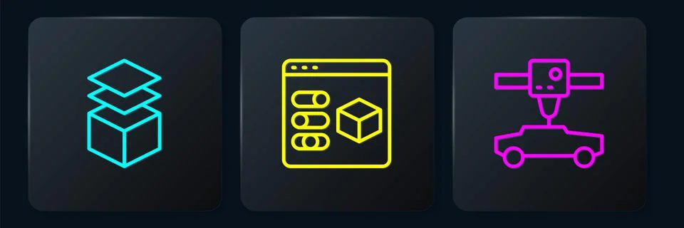 Set line Layers, 3D printer car and . Black square button. Vector 스톡 일러스트