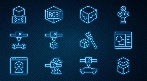 Set line Layers, 3D printer software, Isometric cube, wrench spanner, services Ilustração Stock