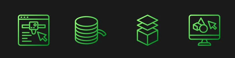 Set line Layers, 3D printer setting, Filament for and software. Gradient co.. Ilustração Stock