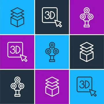 Set line Layers, 3D scanner and printer icon. Vector Stock Illustration