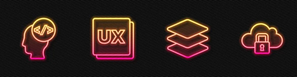 Set line Layers, Front end development, UI or UX design and Cloud computing lock 库存插图