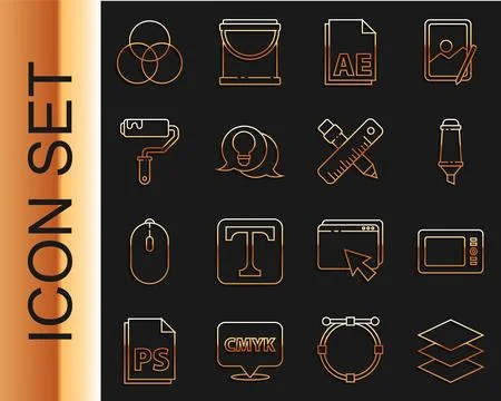 Set line Layers Graphic tablet Marker pen AE file document Light bulb with co Stock Illustration