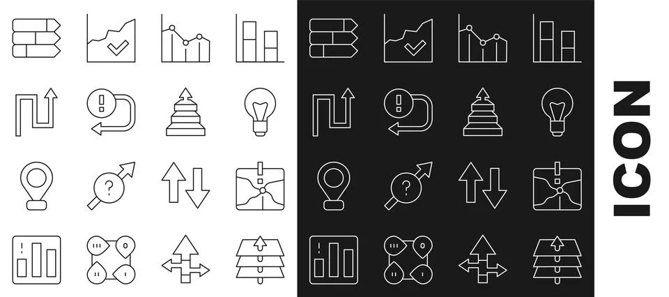 Set line Layers, Intersection point, Light bulb, Pie chart infographic, Arrow Stock Illustration
